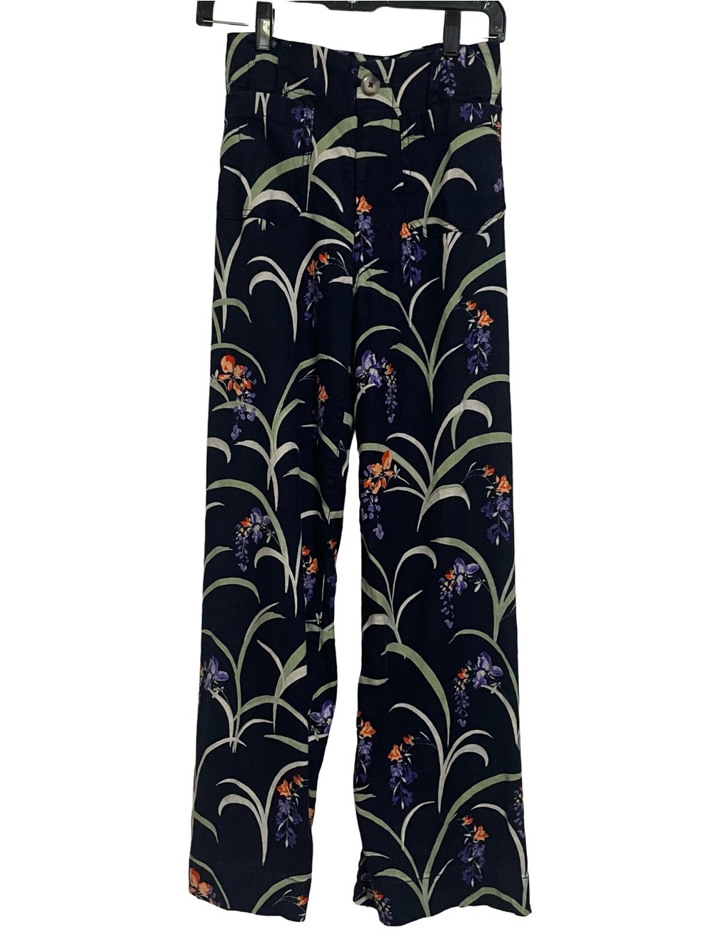 The Colette Floral Wide-Leg Pants in Navy with Green and Purple Print